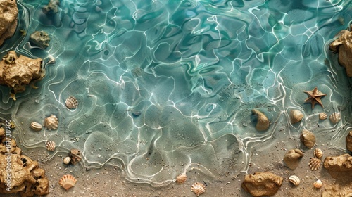 An artistic view of sandy underwater textures with scattered marine objects. 