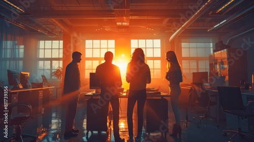 A group of people standing around a desk in an office, soft lighting gradient. Generative AI.