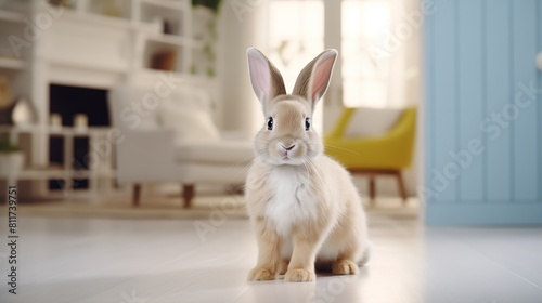 Cute rabbit sitting on the floor in a cozy indoor setting, with soft natural light. © r3mmm