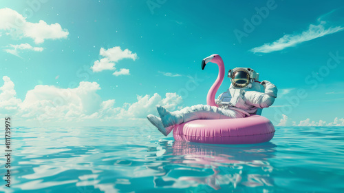 Summer concept, an astronaut relaxing on pink flamingo inflatable raft floating in the sea, happy vacation in summer.