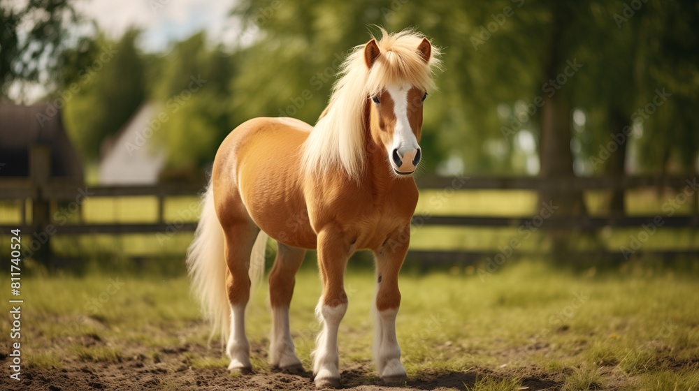 Obraz premium A majestic pony standing in a sunlit pasture, with a fence and trees in the background, radiating a calm and peaceful atmosphere.