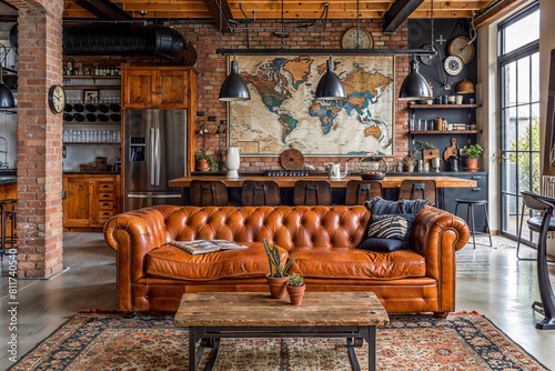 Chic industrial living room with leather sofa, exposed brick, and world map in a modern loft space © Giordano Aita