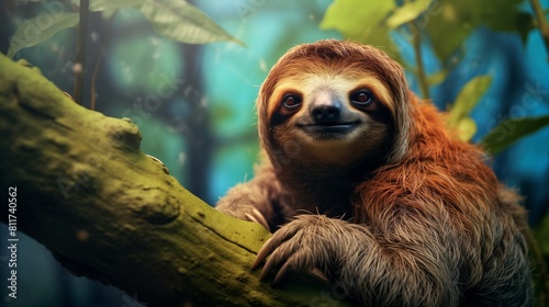 A cute sloth resting on a tree branch  surrounded by lush green foliage in a tropical rainforest  with a relaxed expression.