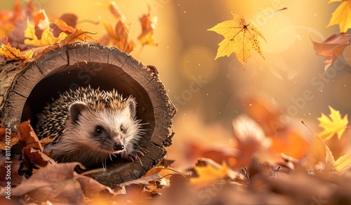 Autumnal hedgehog peeks out from a log amidst falling leaves