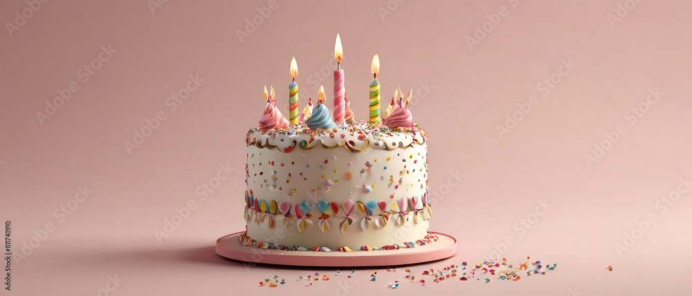 3D rendering of a birthday cake placed on a flat background 3D rendering of a birthday cake placed on a flat background