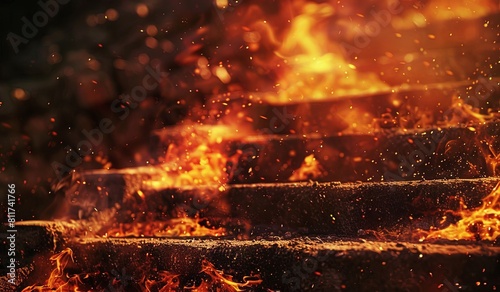 Intense flames engulfing rough texture stone steps