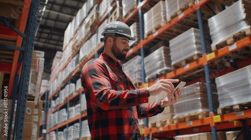 A warehouse worker using a handheld device to scan inventory for replenishment.