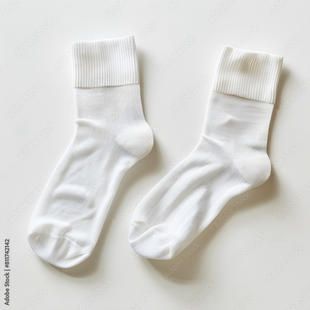 White sport socks mock up, top view, isolated white background White sport socks mock up, top view, isolated white background