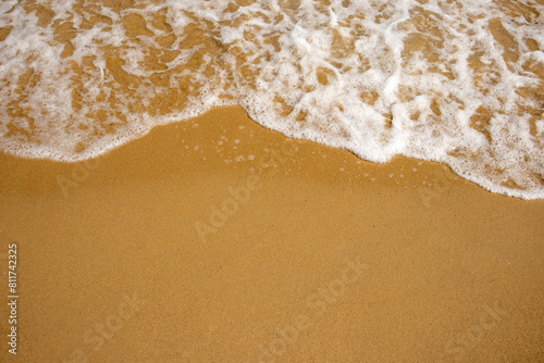 Close-up of soft foamy waves on a sandy beach, depicting serene oceanic textures