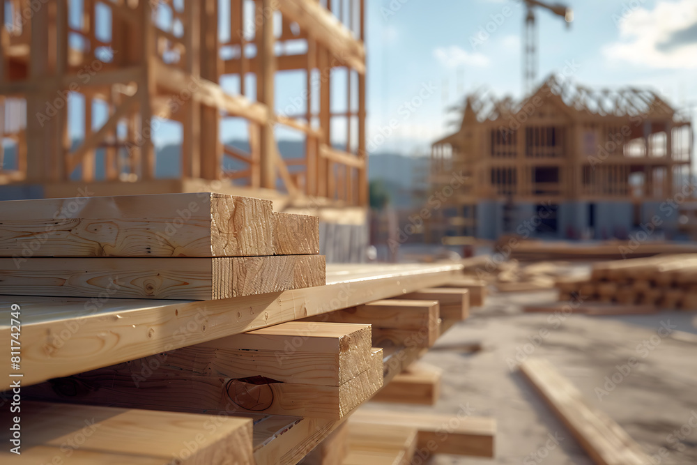 Holzkonstruktion im Rohbau in Außenansicht Holzkonstruktion im Rohbau in Außenansicht