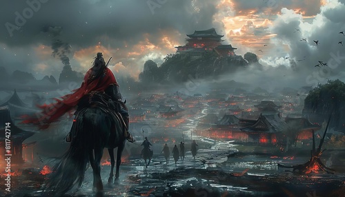 A samurai with a flowing cape riding a horse through a wartorn village, ready to defend the townspeople