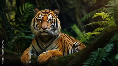 A majestic tiger lies comfortably amidst the lush greenery of a dense jungle  exuding power and grace. Ideal for wildlife and nature themes.