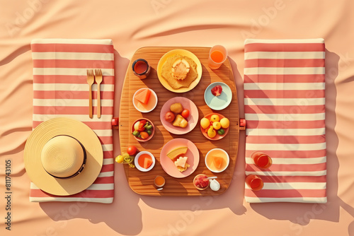 Beach picnic flat design top view leisure theme 3D render Triadic Color Scheme