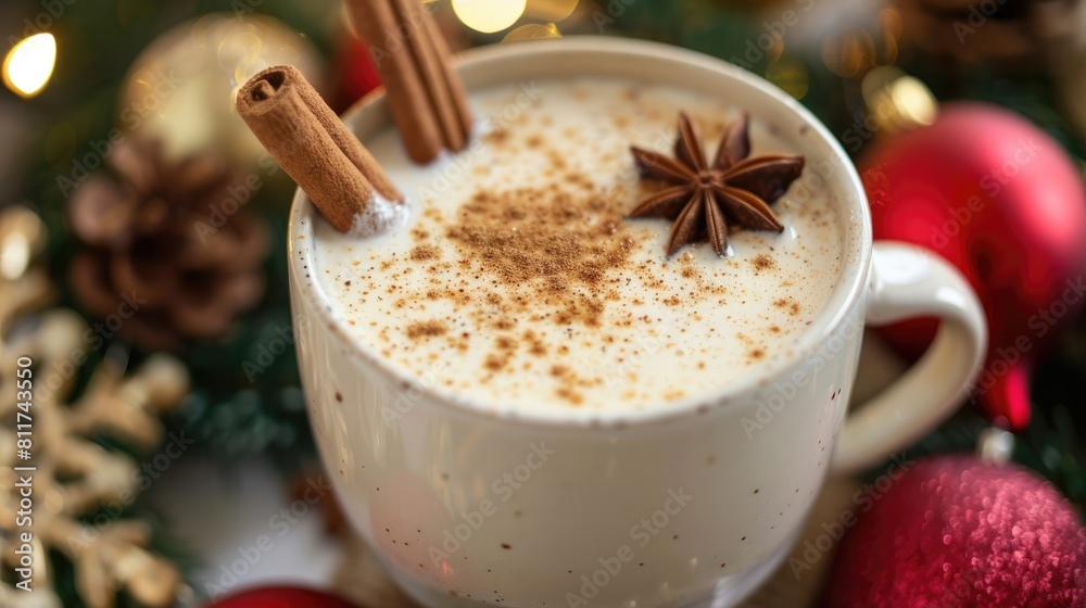 Festive Eggnog Drink with Cinnamon Sticks and Anise Star | Warm Holiday Beverage for Christmas Celebration, Food Photography, and Seasonal Marketing Festive Eggnog Drink with Cinnamon Sticks and Anise Star | Warm Holiday Beverage for Christmas Celebration, Food Photography, and Seasonal Marketing