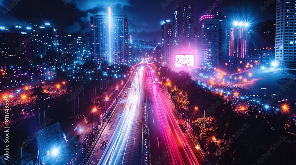 An aerial view of a rock concert in a modern street. night time. Long exposure lights. light streaks. blue and purple spotlights. Generative AI. An aerial view of a rock concert in a modern street. night time. Long exposure lights. light streaks. blue and purple spotlights. Generative AI.
