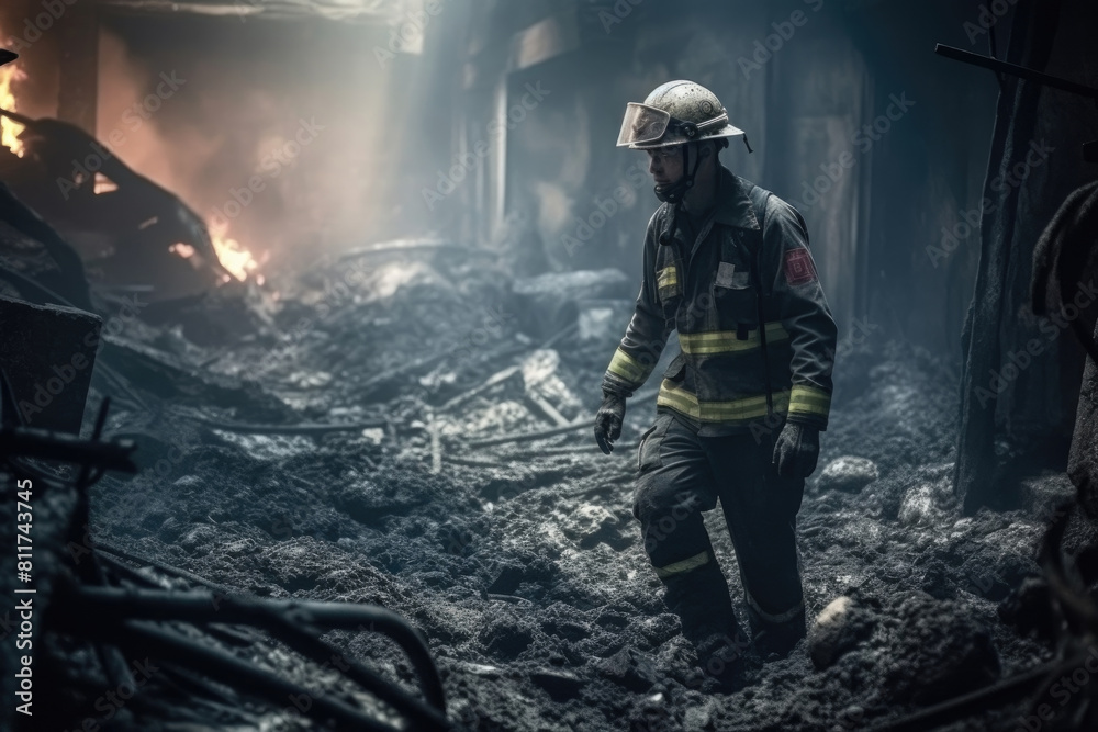 Fototapeta premium A firefighter in full gear carefully navigates through the charred remains of a building destroyed by fire
