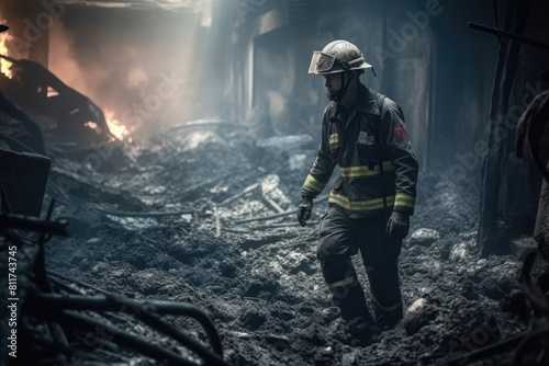 A firefighter in full gear carefully navigates through the charred remains of a building destroyed by fire