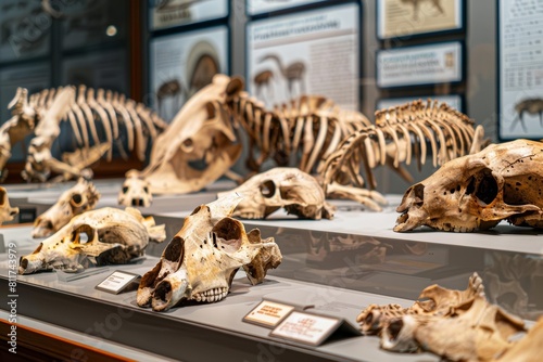 Educational display featuring a detailed comparative analysis of tapir skull fragments and other clawed animal fossils photo