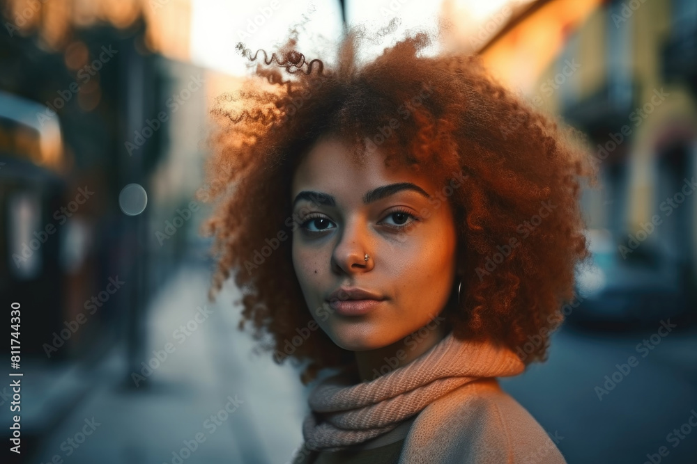 A woman with vibrant red hair stands on a bustling city street lined with buildings and pedestrians A woman with vibrant red hair stands on a bustling city street lined with buildings and pedestrians