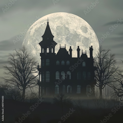 Eerie Victorian manor mock-up silhouette against a full moon photo