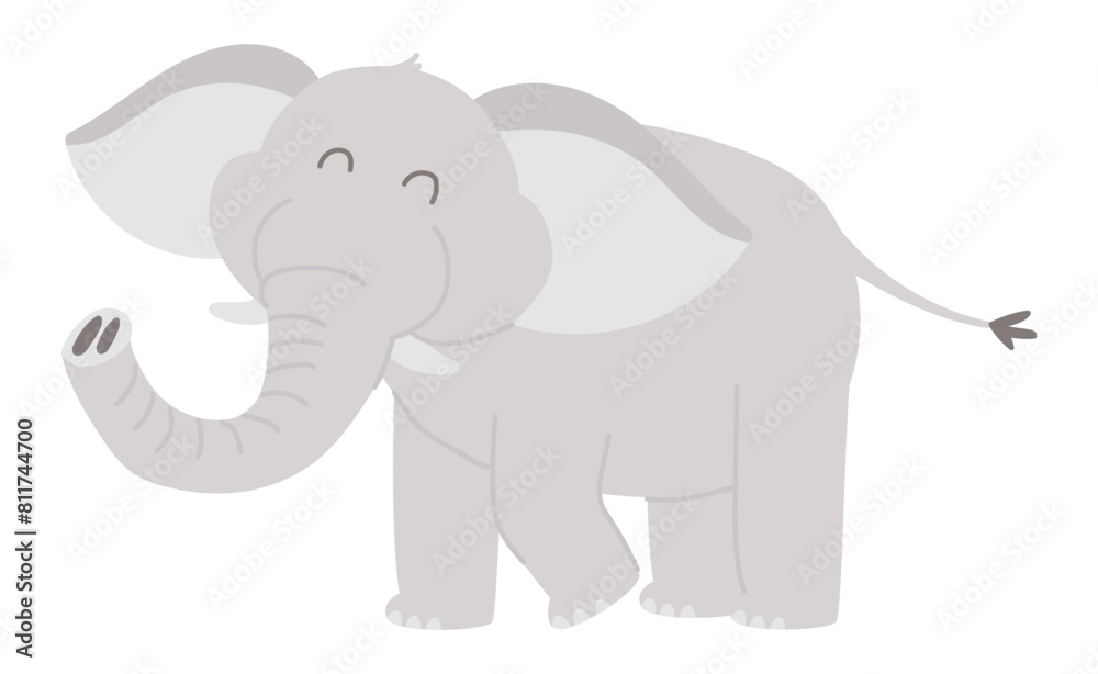 Fototapeta premium Cute elephant in flat design. Happy wildlife pet, safari park animal. Vector illustration isolated.