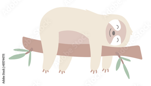 Cute sloth laying on branch in flat design. Happy lazy pet relaxing. Vector illustration isolated.
