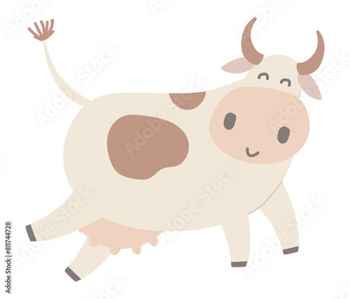 Cute cow in flat design. Happy domestic milk pet for rural dairy farm. Vector illustration isolated.
