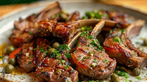 Close up of fried lamb chops with anchovies and capers served on plate