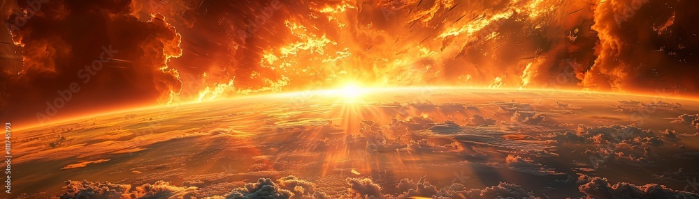 A fiery planet with a bright sun in the sky A fiery planet with a bright sun in the sky