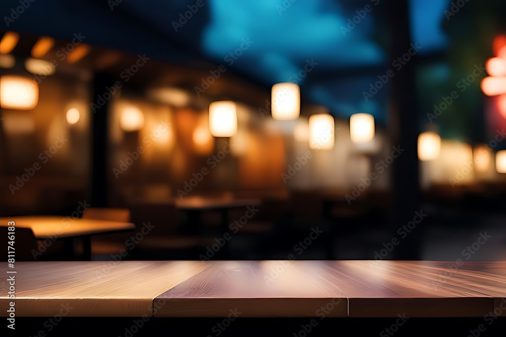 Wood table top, Bar with blur, dark night cafe background