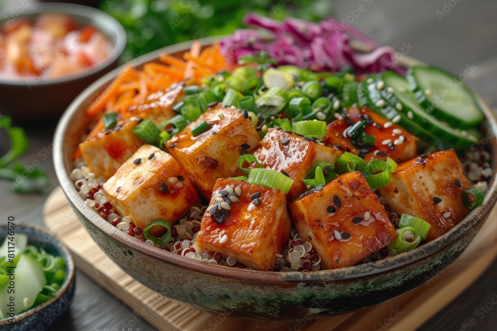 A delightful and appetizing tofu poké bowl topped with vegetables and sesame dressing
