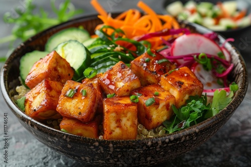 Delicious spicy tofu bowl with colorful vegetables on a stone table, ideal for a healthy lunch option