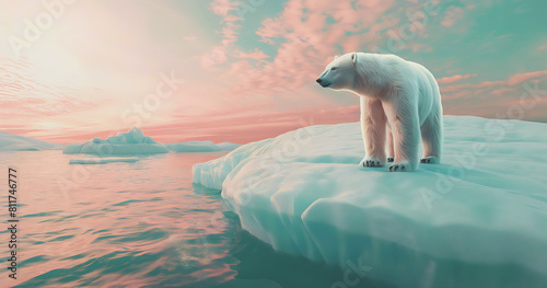 A majestic polar bear stands on a shrinking ice sheet. Staring at the vast  melting ocean Images are generated by AI