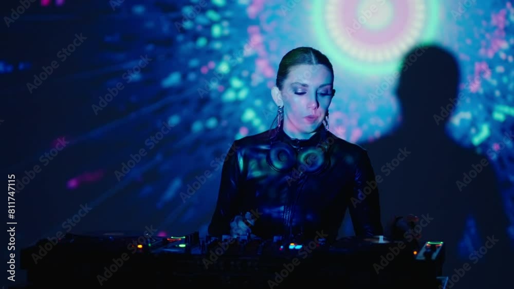 Fun And Joy In Nightclub, Portrait Of Woman DJ Dancing In Darkness With Neon Lights, Move By Rhythm Fun And Joy In Nightclub, Portrait Of Woman DJ Dancing In Darkness With Neon Lights, Move By Rhythm