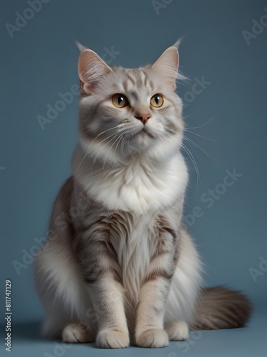 An American Curl cat is sitting on a blue background. AI generated image