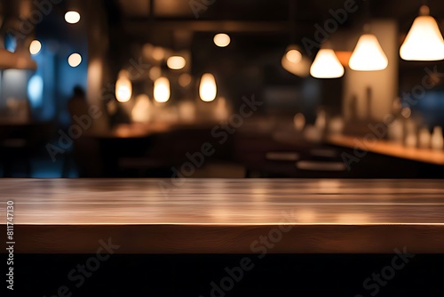 Wood table top, Bar with blur, dark night cafe background © nilawan