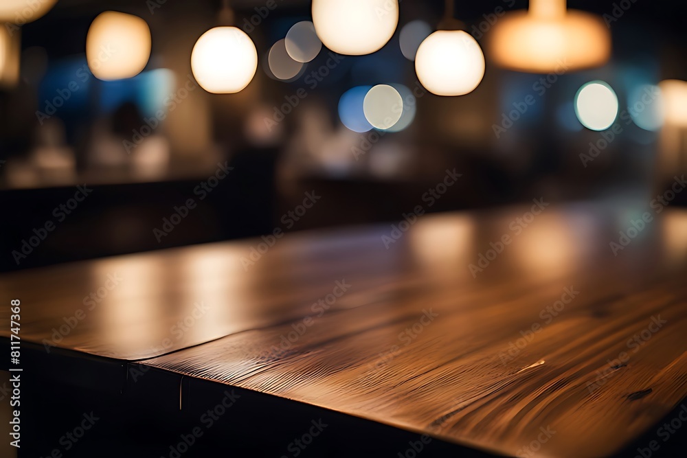 Wood table top, Bar with blur, dark night cafe background Wood table top, Bar with blur, dark night cafe background