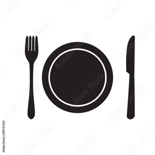 洋皿にフォークとナイフの食事モノクロアイコンイラスト