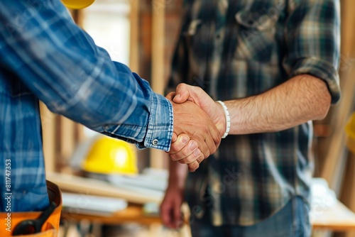 Contractor and homeowner shaking hands in agreement for home renovation and remodeling project