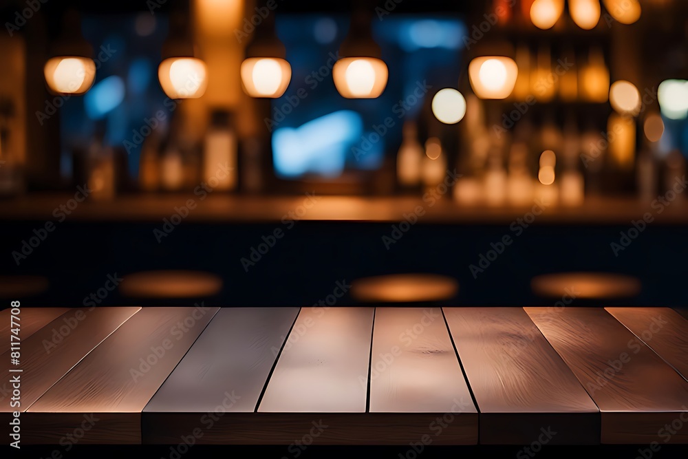 Wood table top, Bar with blur, dark night cafe background Wood table top, Bar with blur, dark night cafe background