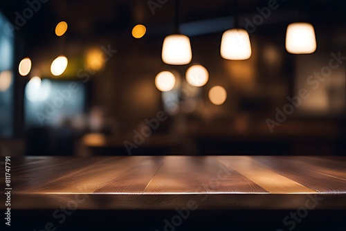 Wood table top, Bar with blur, dark night cafe background © nilawan