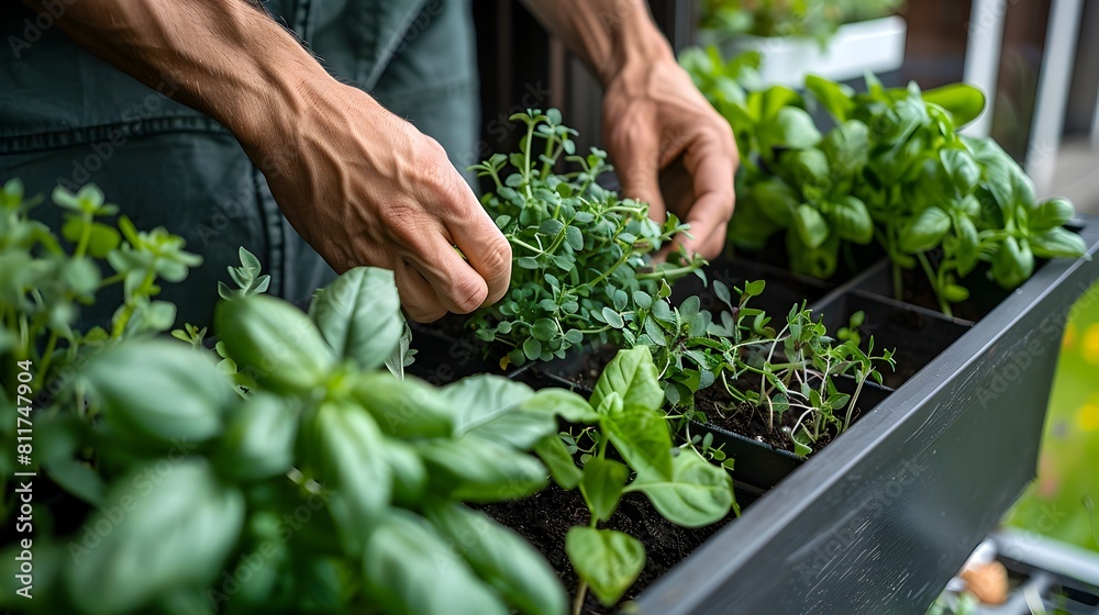 Hands Planting Herbs in DIY Home Window Box for Sustainable Urban Living Hands Planting Herbs in DIY Home Window Box for Sustainable Urban Living