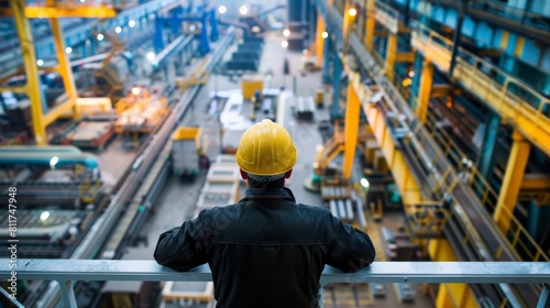 A worker in a hard hat looking out over a factory floor Steel production factory, steel forming, steel and aluminum export, and stainless steel. 