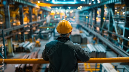 A man in a hard hat looking out over a factory floor Steel production factory, steel forming, steel and aluminum export, and stainless steel.
