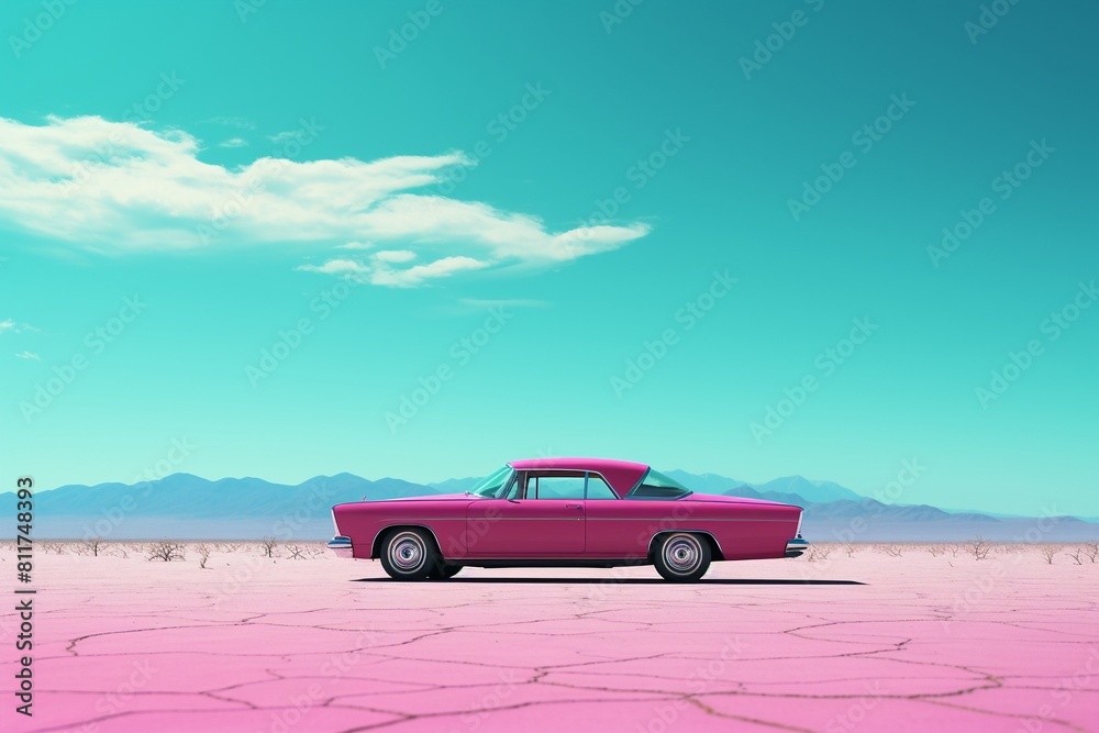 Pink classic car cruising on a monochrome magenta landscape and crisp blue sky.