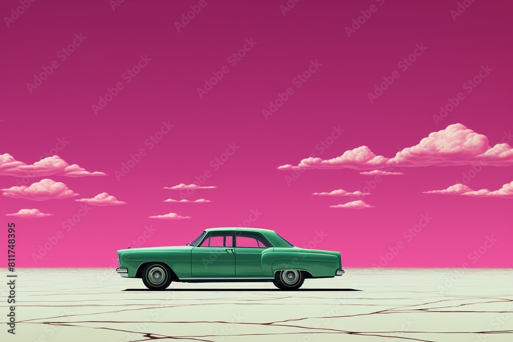 Bright green classic car on a monochrome magenta landscape.