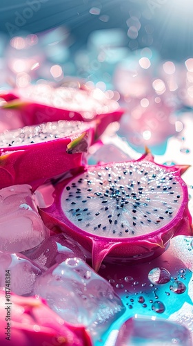 Colorful dragon fruit slices with water drops close-up