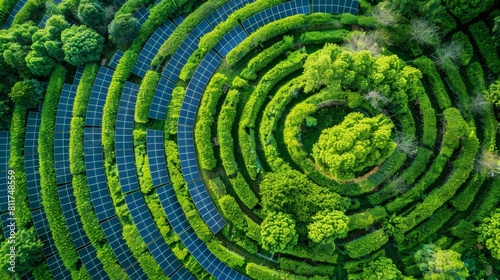 Eco-Friendly Innovation: Aerial View of Circular Solar Panel Field