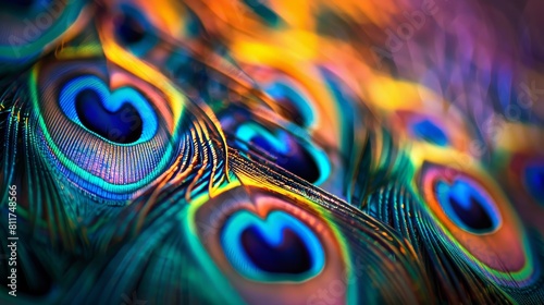 Close up macro photography of beautiful vibrant peacock feathers creating a stunning background