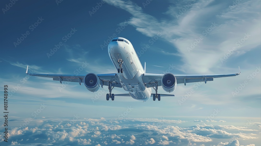 Obraz premium A white airplane flying in a blue sky. A modern passenger plane in the air with jet engines, concept of business travel. Generative AI.